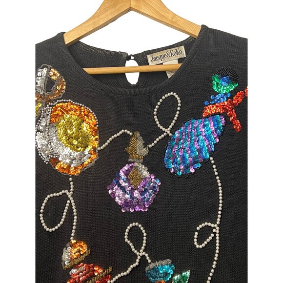 Jacque & KoKo Black Sequin Ornament Sweater Womens Plus Size 26/28 Vintage - Picture 2 of 16